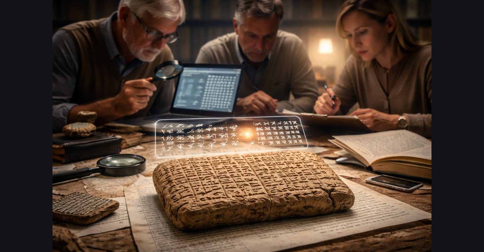 Researchers examine a 4,000-year-old clay cuneiform tablet on a study table while reviewing digital analysis on a nearby laptop in a softly lit laboratory setting.