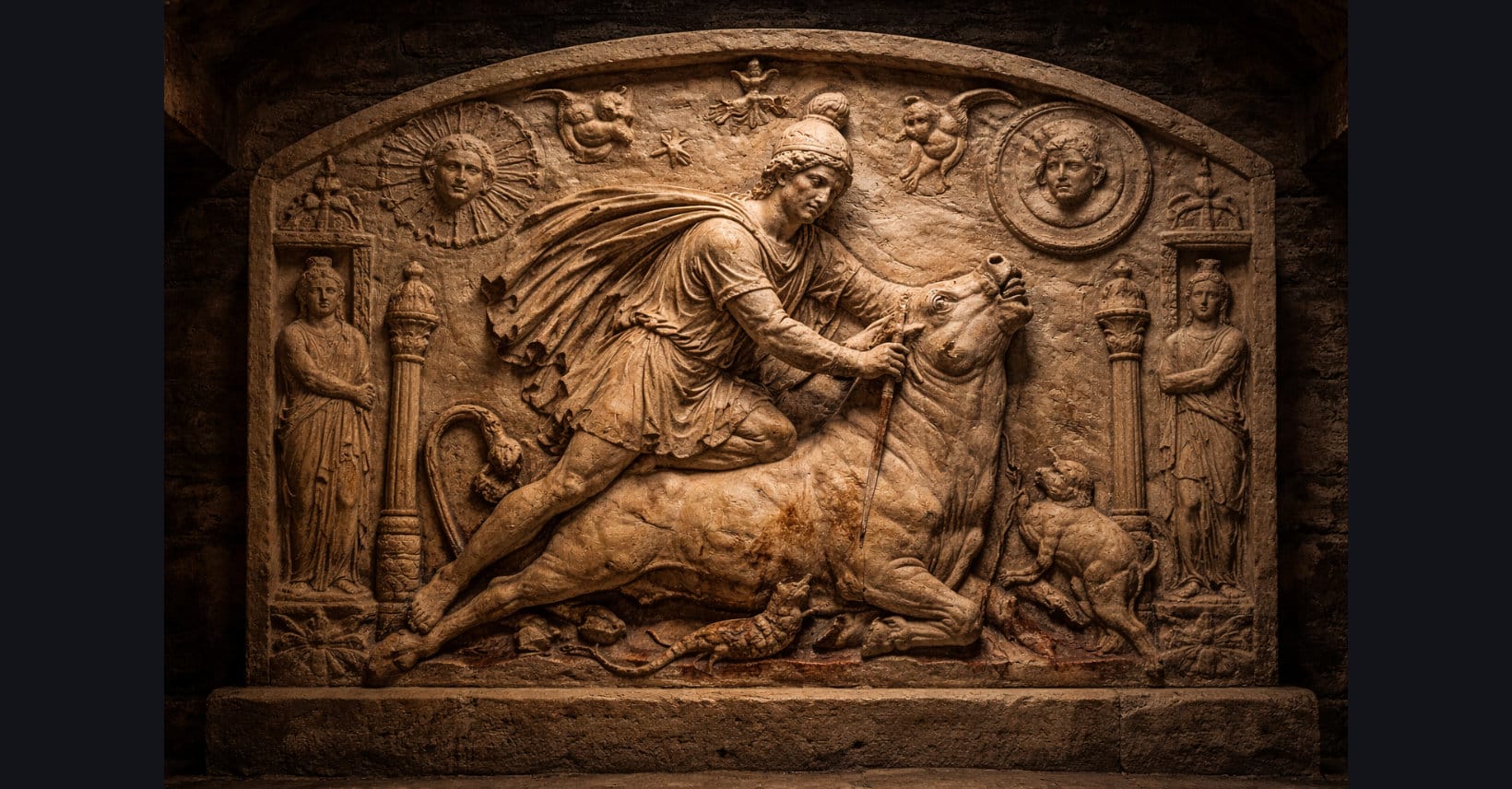 Ancient Roman stone relief inside a Mithraeum showing Mithras wearing a Phrygian cap as he slays a bull, surrounded by carved figures and celestial symbols under warm interior lighting.