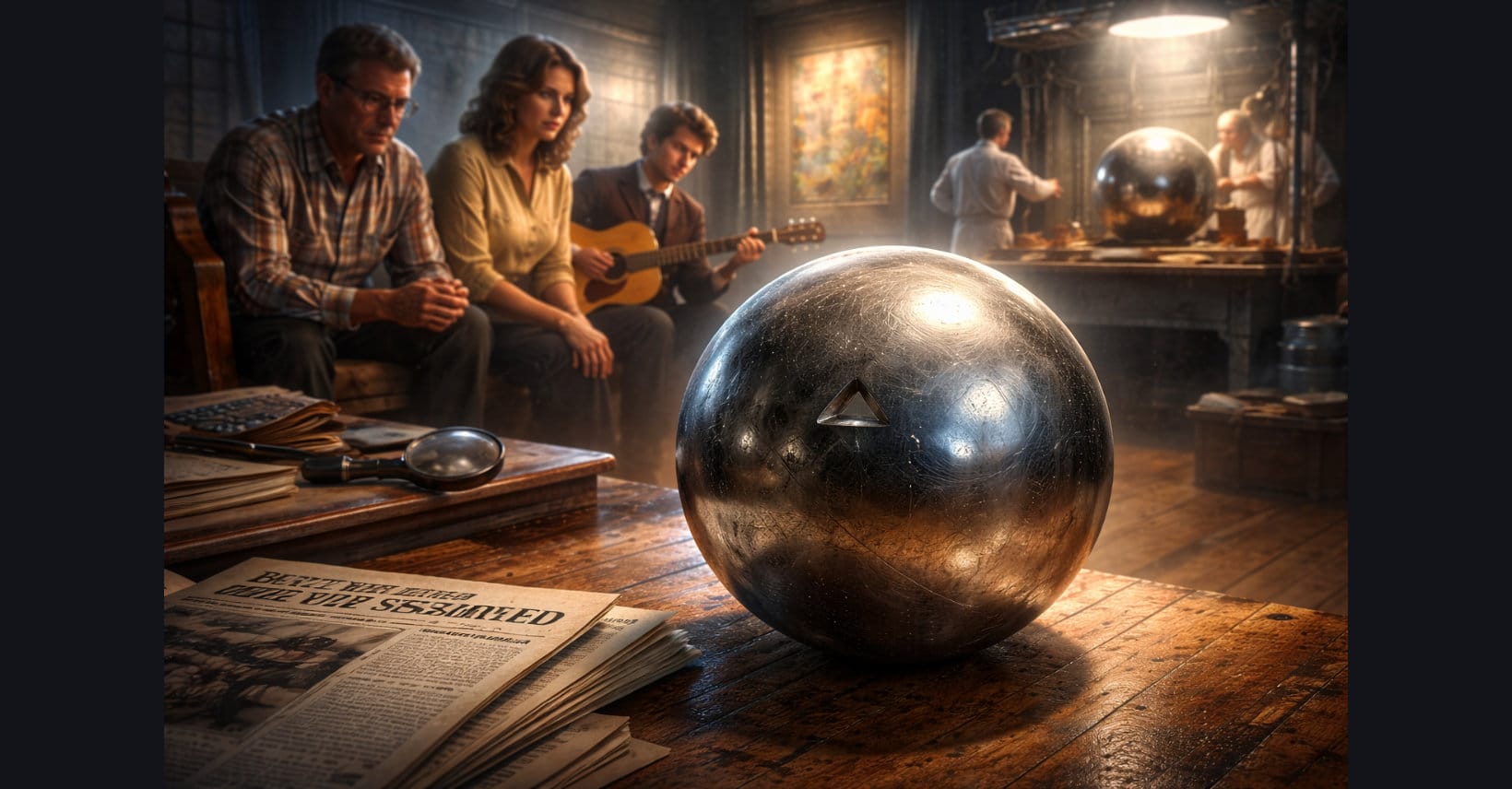 Polished stainless-steel sphere with a small triangular indentation resting on a wooden table, surrounded by newspapers about the Betz mystery sphere, while a family and scientists examine the object in a softly lit 1970s-style room.